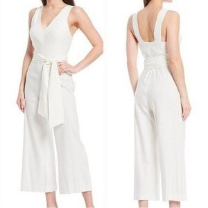 NWT ANTONIO MELANI Ivory Jumpsuit V-Neck Wide Leg Cropped Pants Size 12